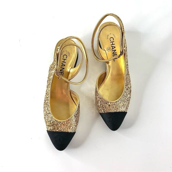 Chanel CC Logo Glitter and Grosgrain Cap Toe Slingback Platform Heel Pumps 37 - Picture 3 of 13